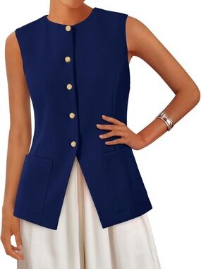 PRETTYGARDEN Women’s Blazer Vest Sleeveless Business Casual Suit Waistcoat Blue